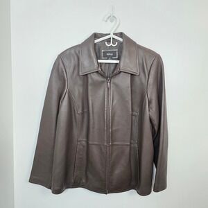 Style & Co Brown Genuine Leather Zip Front Jacket Plus Size 20W Sleek Quality